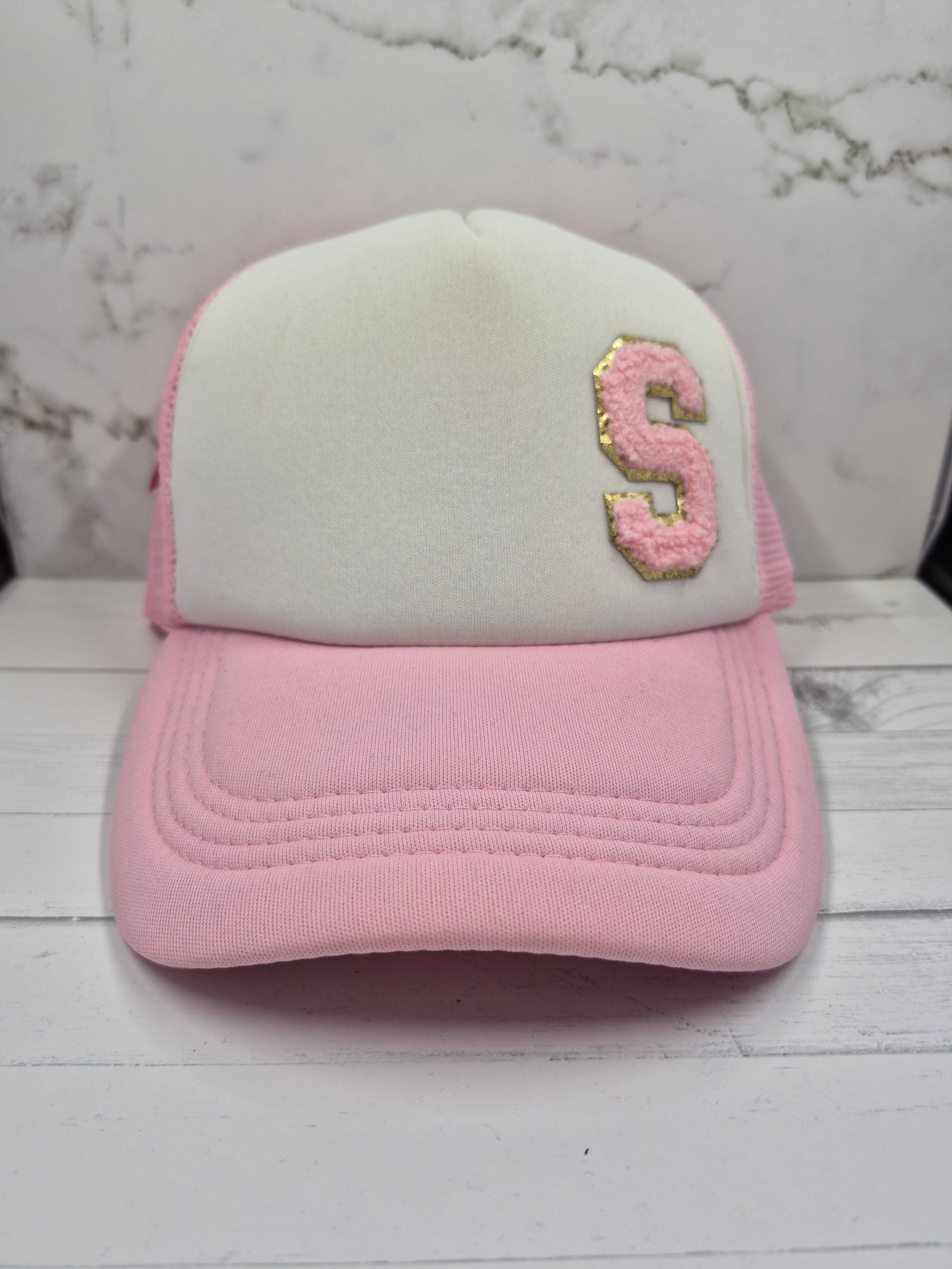 Trucker Hat Baby Pink and White S Glitter Graphic