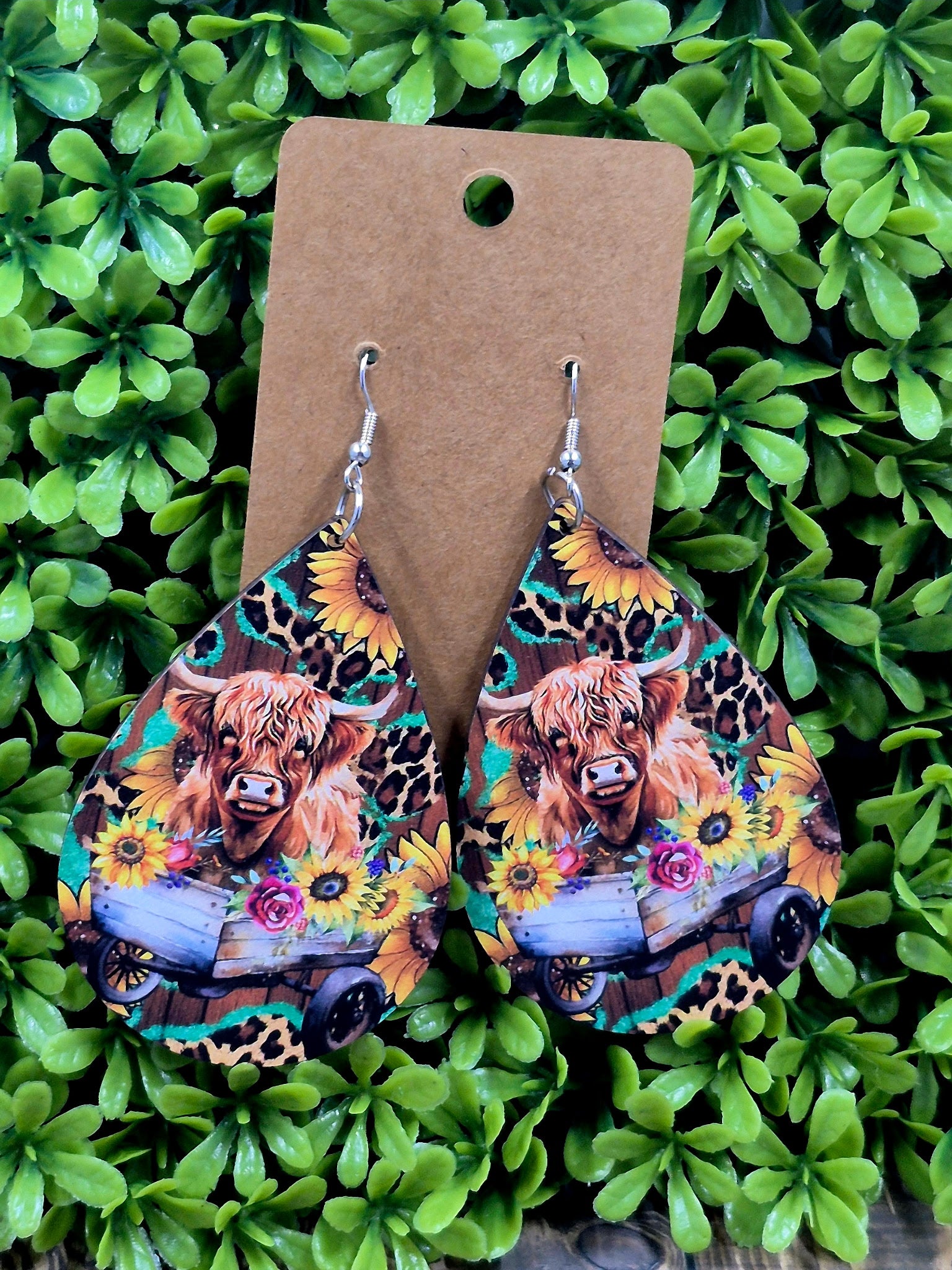 Sunflower and Leopard Cow earrings