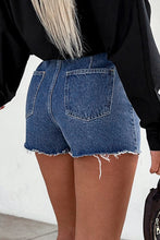 Load image into Gallery viewer, Sky Blue Button Wrap Over Raw Hem Denim Shorts