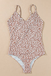 Chestnut Floral Print Spaghetti Strap V Neck Bodysuit