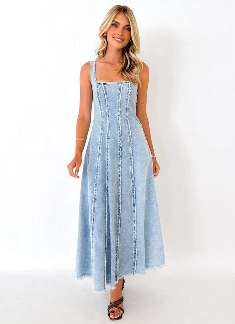 New Vintage Denim Maxi Dress Chic Slimming Flowing