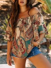 Apricot Paisley Printed Shirred Off Shoulder Ruffled Draped Sleeve Blouse