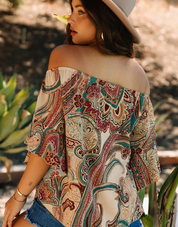 Apricot Paisley Printed Shirred Off Shoulder Ruffled Draped Sleeve Blouse