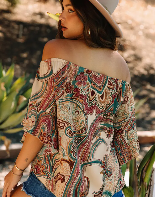Apricot Paisley Printed Shirred Off Shoulder Ruffled Draped Sleeve Blouse