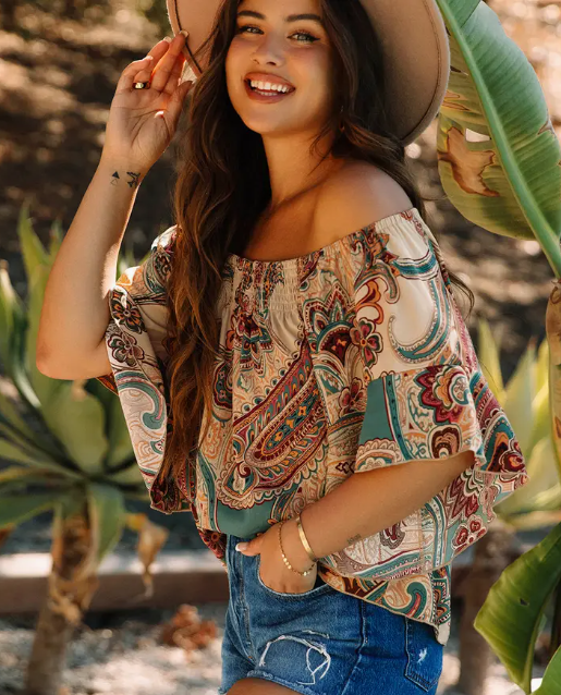 Apricot Paisley Printed Shirred Off Shoulder Ruffled Draped Sleeve Blouse