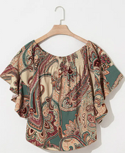 Apricot Paisley Printed Shirred Off Shoulder Ruffled Draped Sleeve Blouse