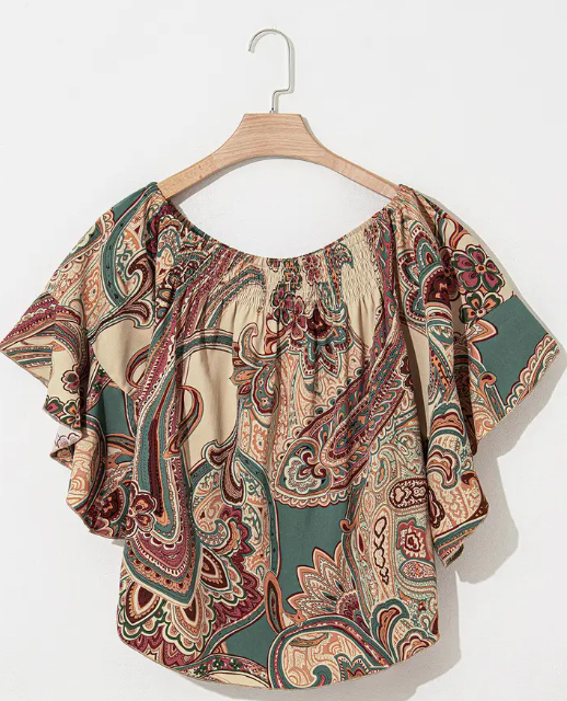 Apricot Paisley Printed Shirred Off Shoulder Ruffled Draped Sleeve Blouse