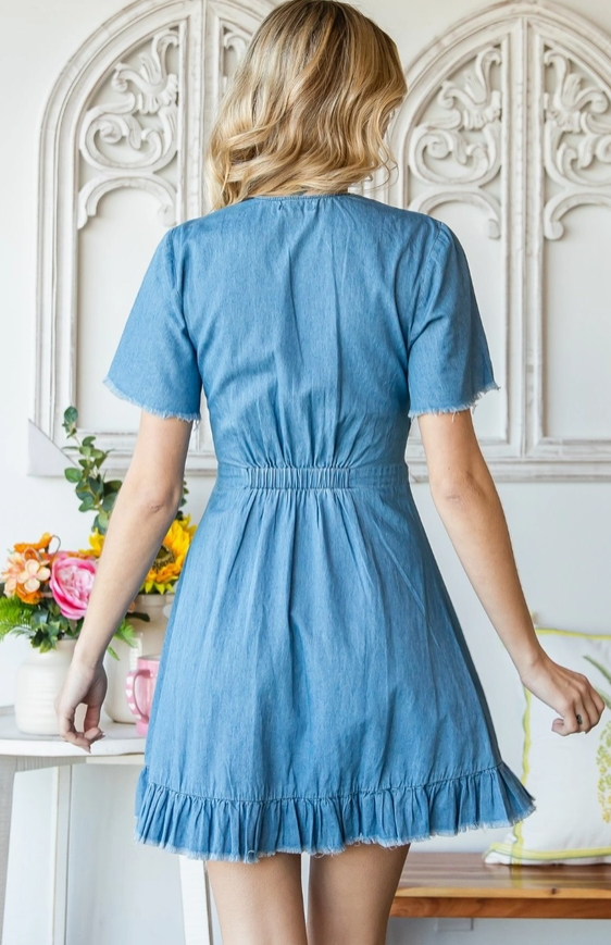 Chambray Tie-Front Shirred Mini Dress – Medium Wash Denim Color