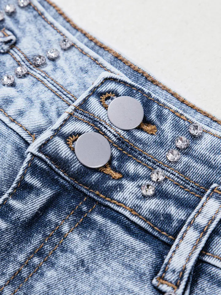 Denim Rhinestone raw hem shorts