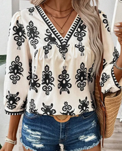 Vintage Geometric ¾ Sleeve Blouse – Monochrome Muse