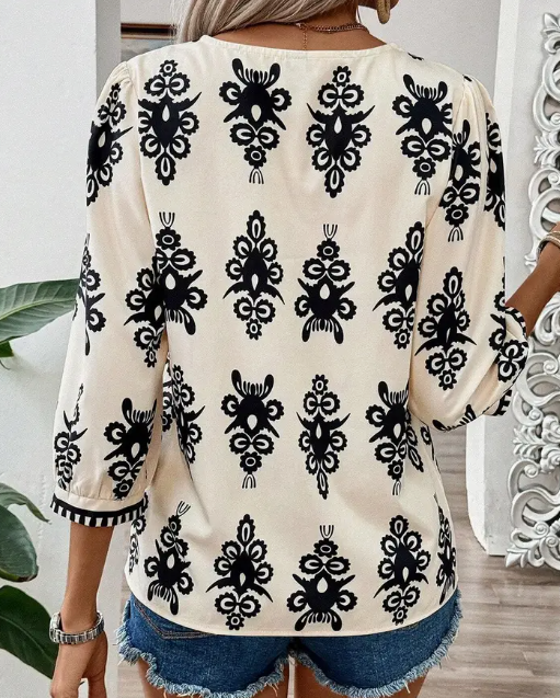 Vintage Geometric ¾ Sleeve Blouse – Monochrome Muse