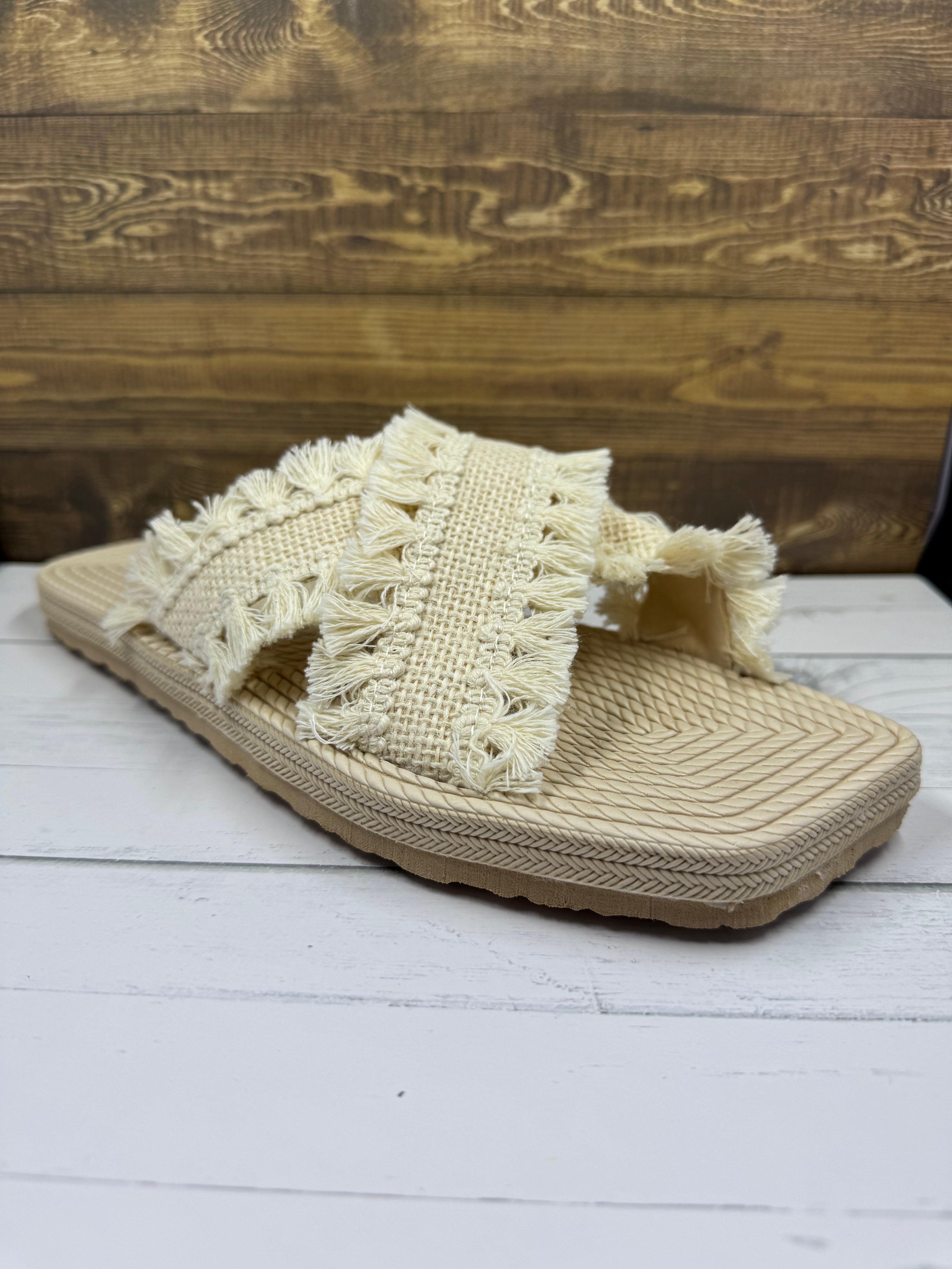 Beige Tassel Woven Crossed Strap Sandals