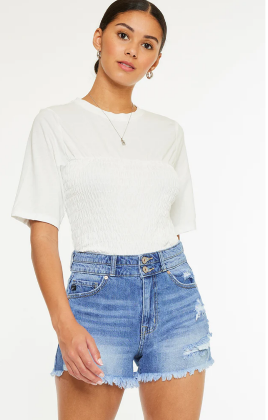 KanCan Farah High Rise Fray Hem Mom Shorts