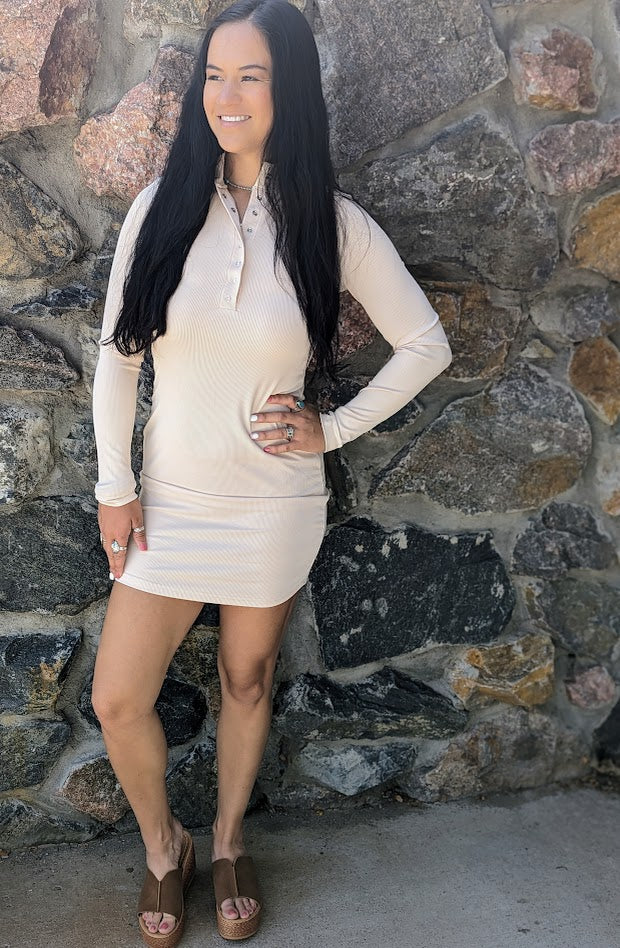 henley bodycon dress Off Shoulder Henley Dress in Brown