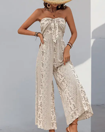 Sunset Bloom Strapless Jumpsuit – Earthy Elegance