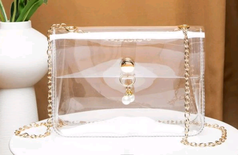 Pearl & Rhinestone Pearl Chain & Decor Faux Pearl Decor Transparent Flap Chain Square Bag