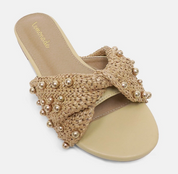 Ysabel Beaded Raffia Twist Sandal, Gold Stud Embellishment