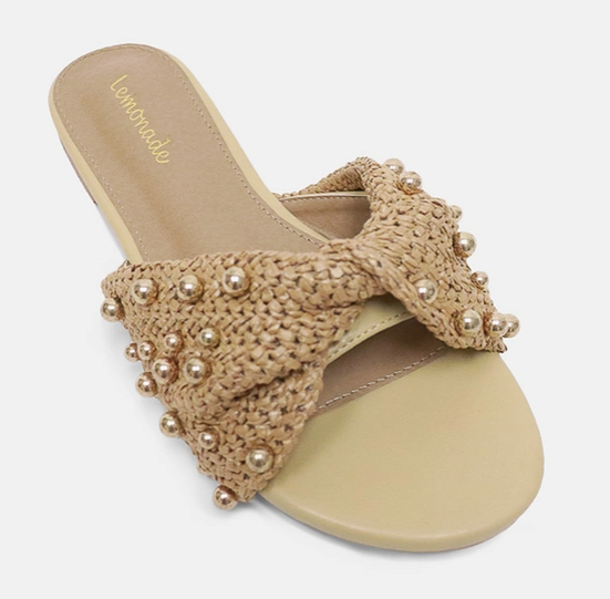 Ysabel Beaded Raffia Twist Sandal, Gold Stud Embellishment