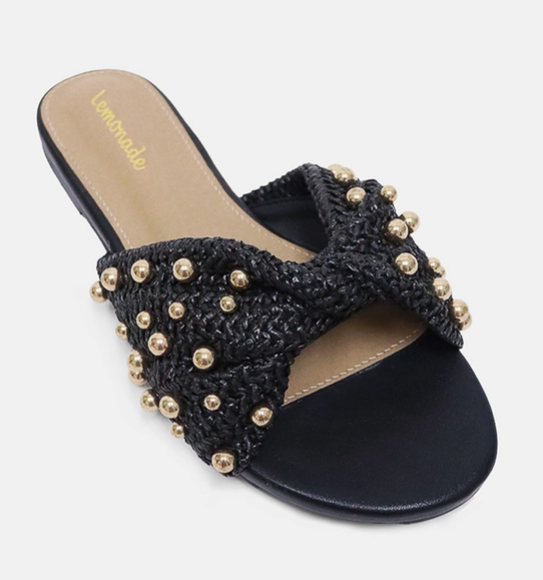 Ysabel Beaded Raffia Twist Sandal, Gold Stud Embellishment