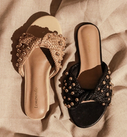 Ysabel Beaded Raffia Twist Sandal, Gold Stud Embellishment