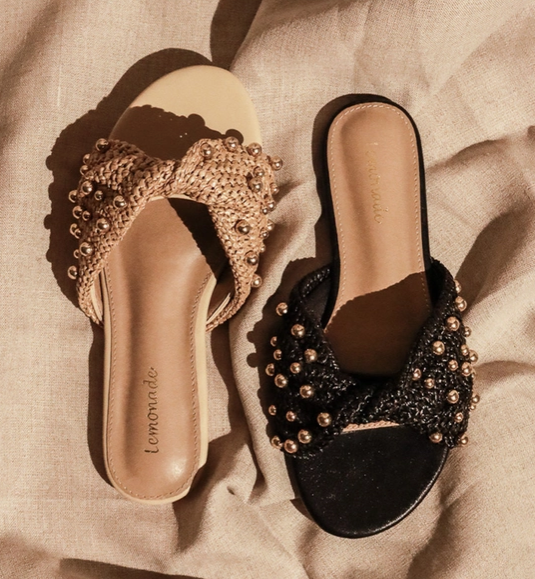 Ysabel Beaded Raffia Twist Sandal, Gold Stud Embellishment