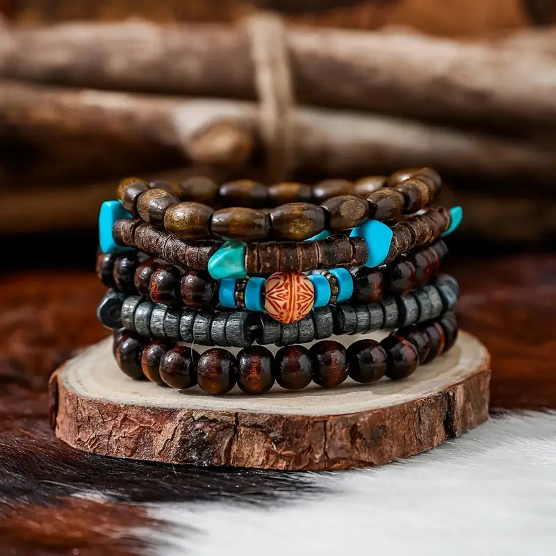 Bohemian Style Wood And Turquoise Bead Bracelet