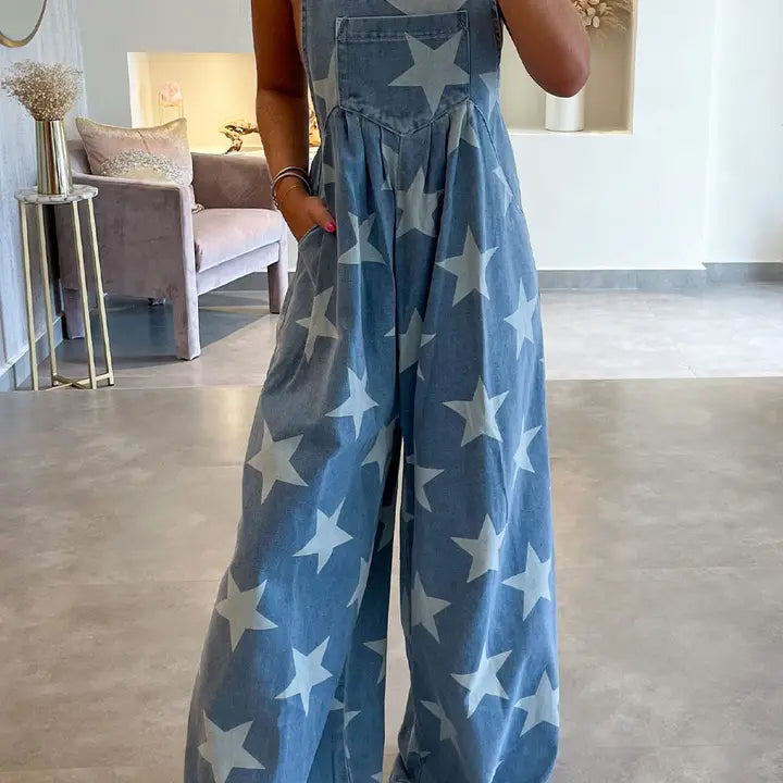 Star Print Wide Leg Denim Coverall