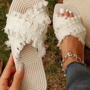 Beige Tassel Woven Crossed Strap Sandals