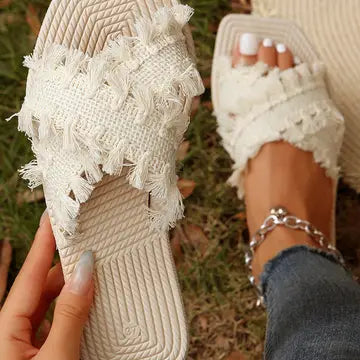 Beige Tassel Woven Crossed Strap Sandals
