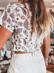 White Vintage Paisley Mock Neck T Shirt