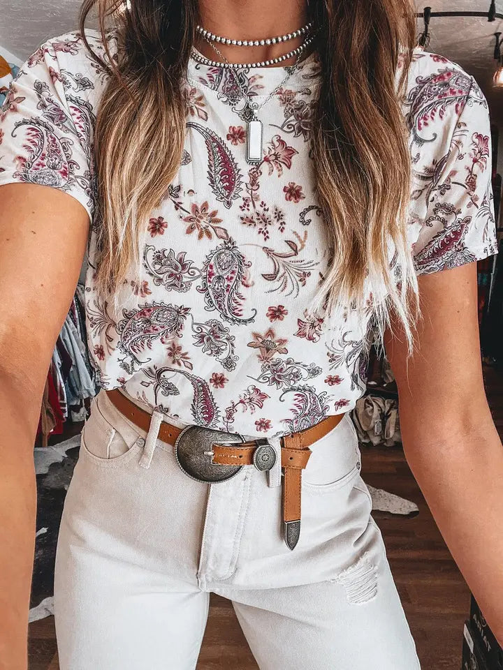 White Vintage Paisley Mock Neck T Shirt
