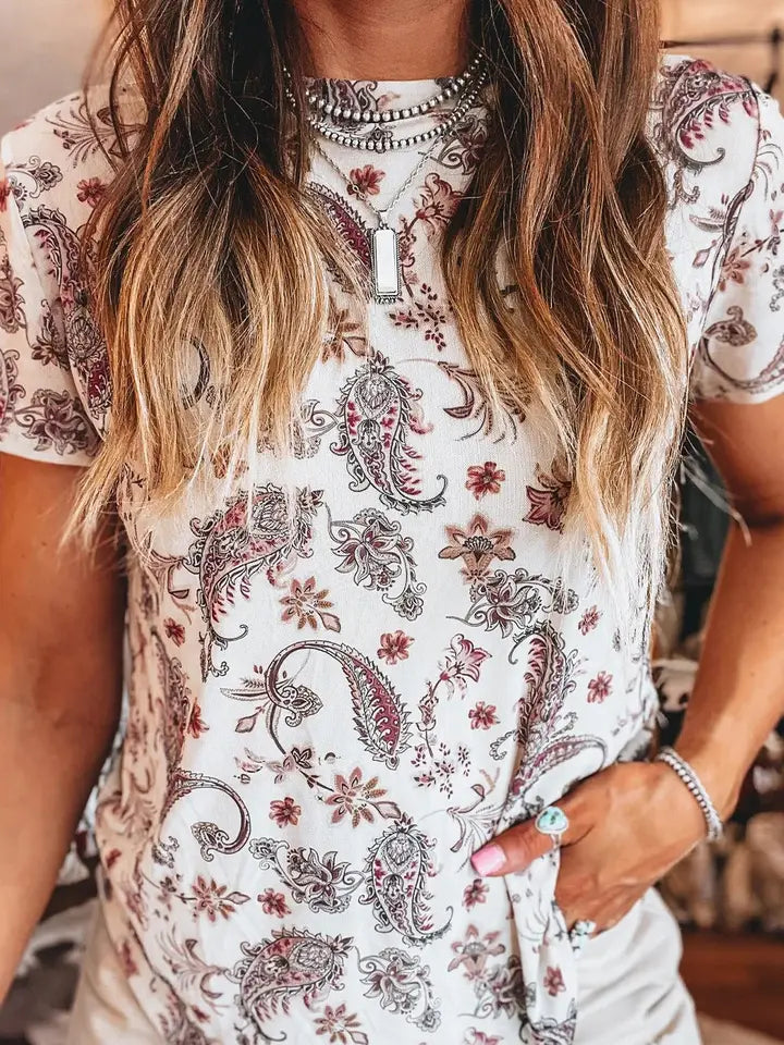 White Vintage Paisley Mock Neck T Shirt