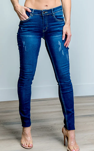 Denim Skinny Jeans With Whiskers, Distressed Detail, And Fading In Blue