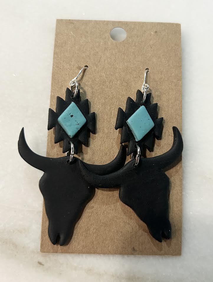 Black Longhorn With Teal Diamond