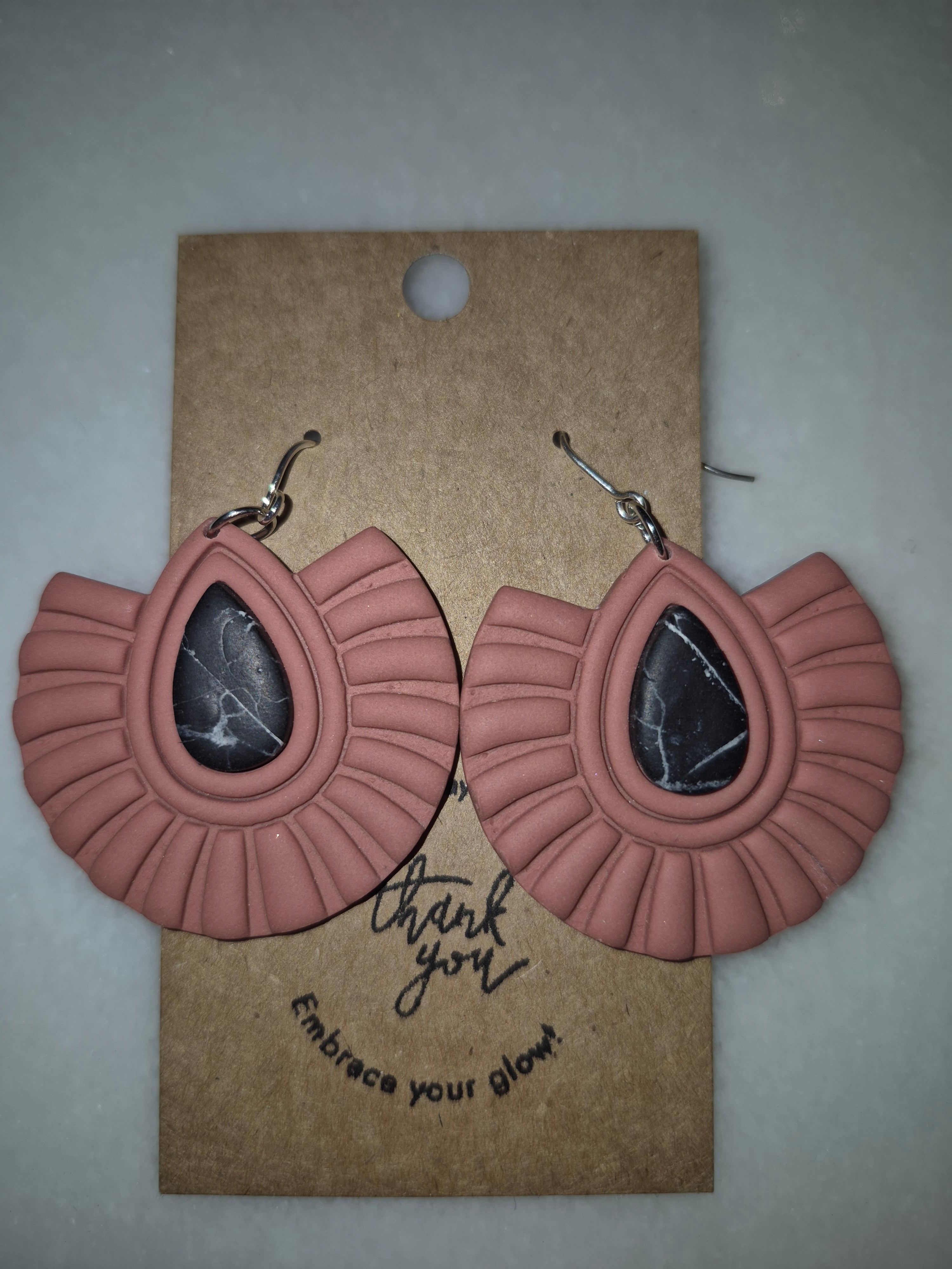 Coral with Black stone Earrings