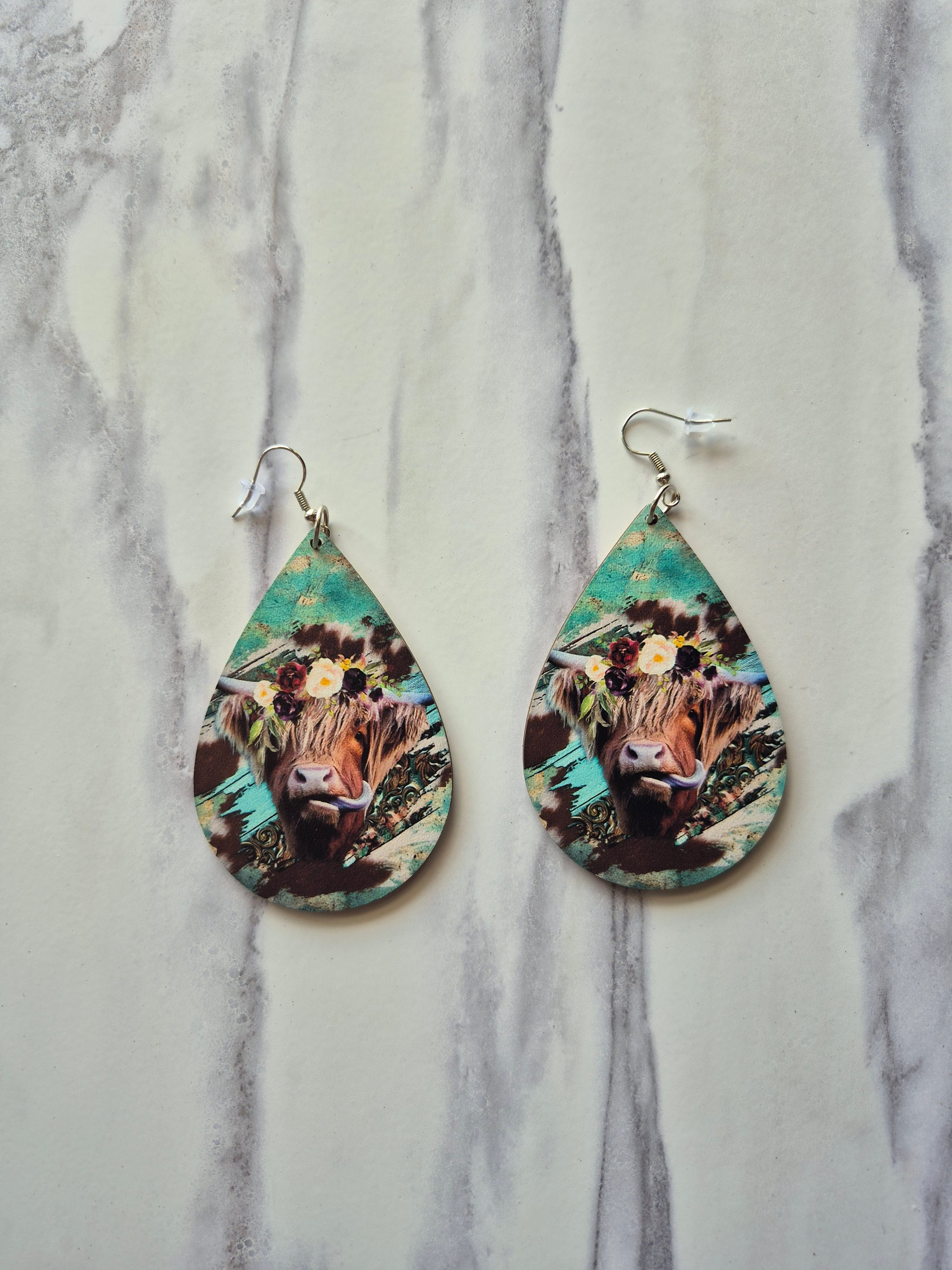 Longhorn Teal Dangling Earrings