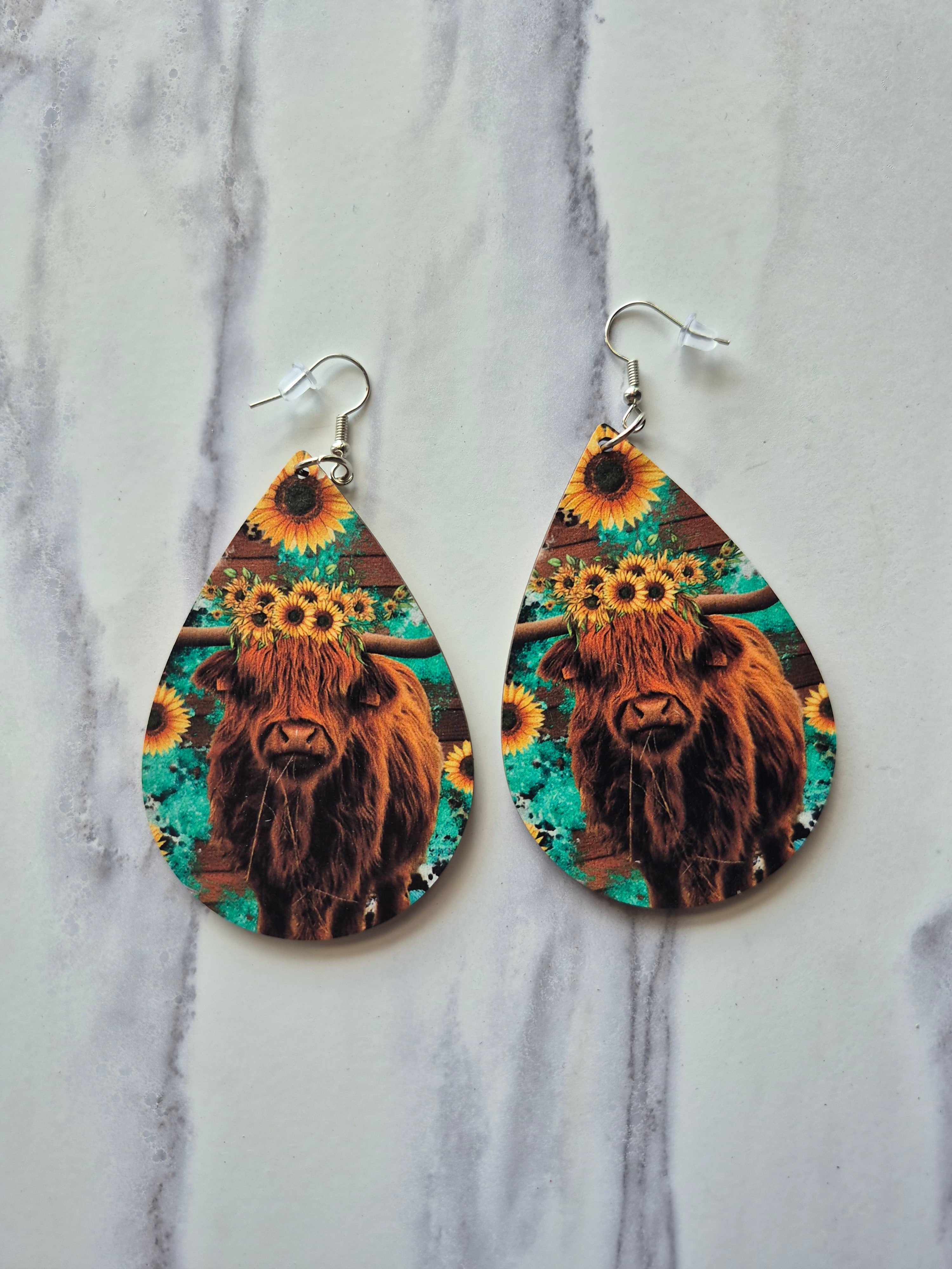 Longhorn Sunflower and Teal Dangling Earrings
