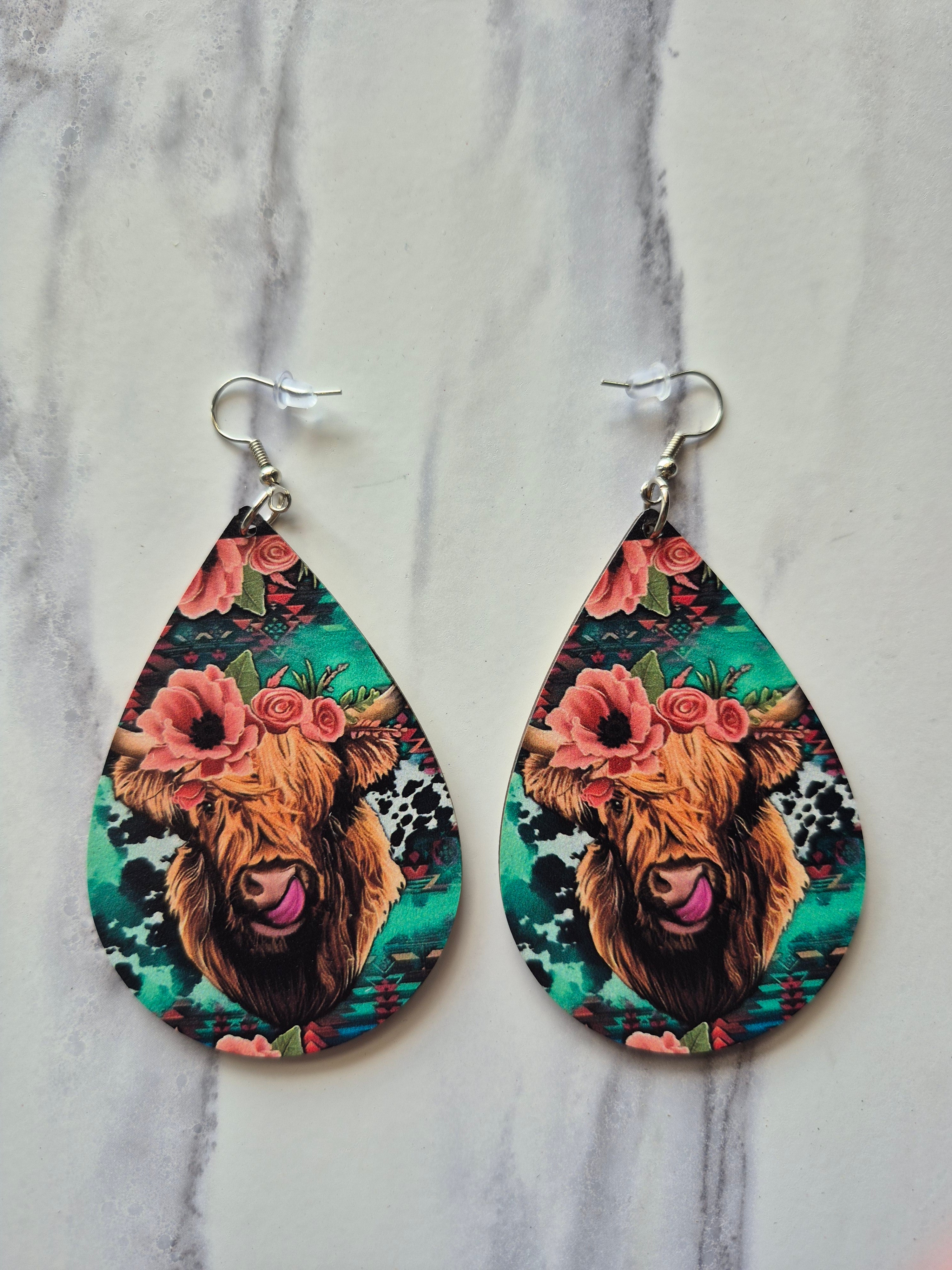 Longhorn Teal and Pink Dangling Earrings