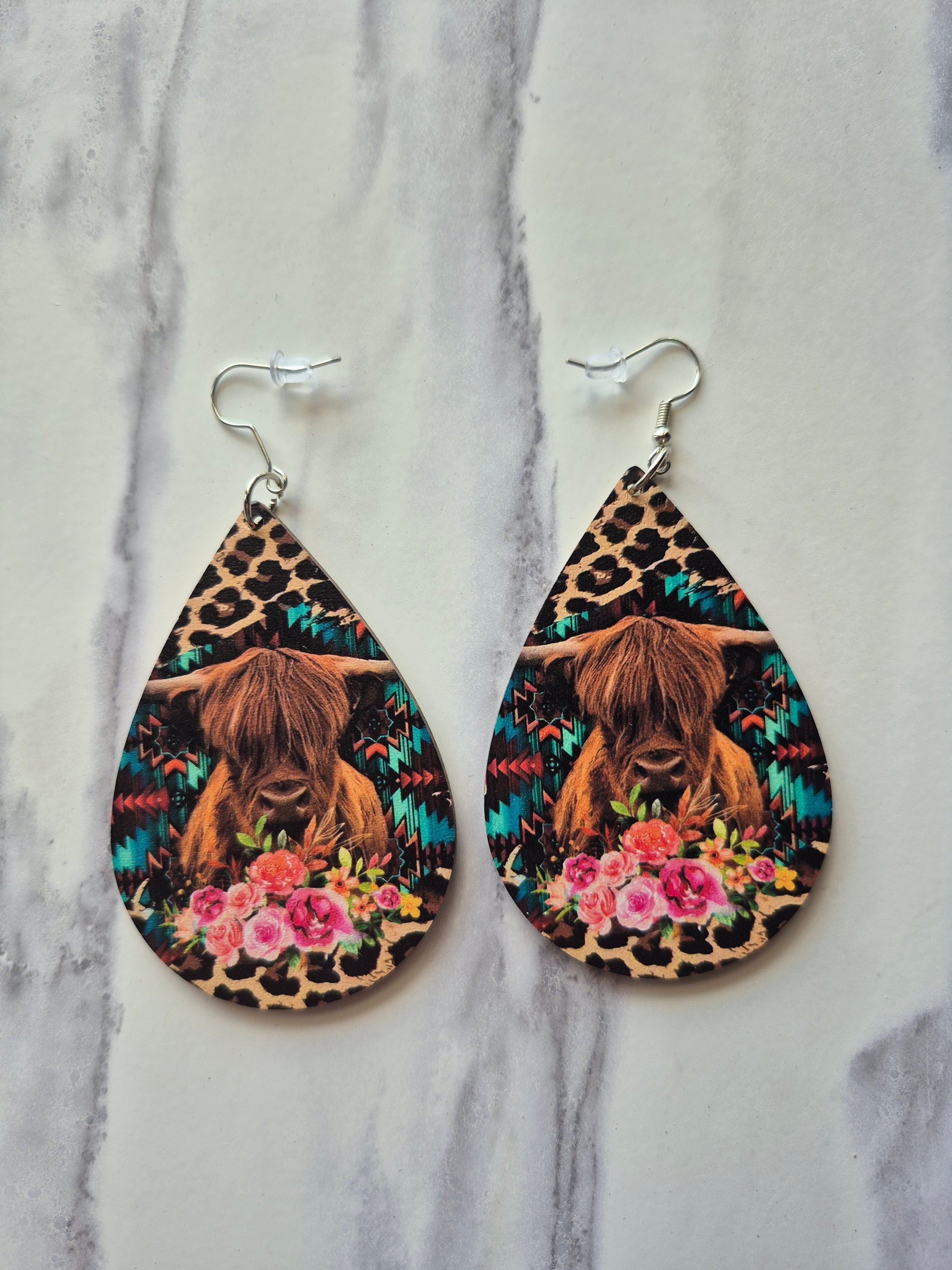 Longhorn with Flowers Dangling Earrings