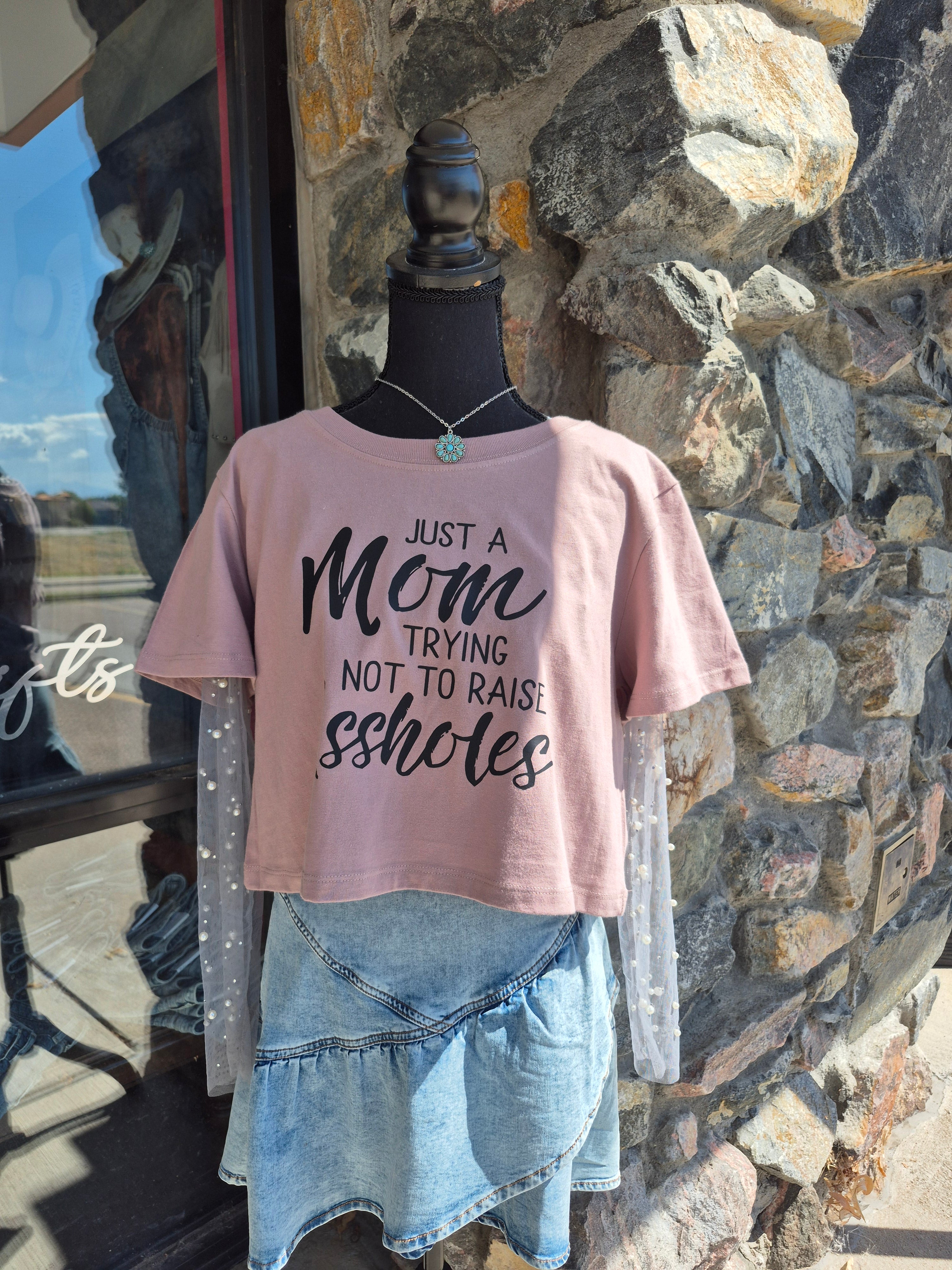 Just a mom trying not to raise assholes shirt