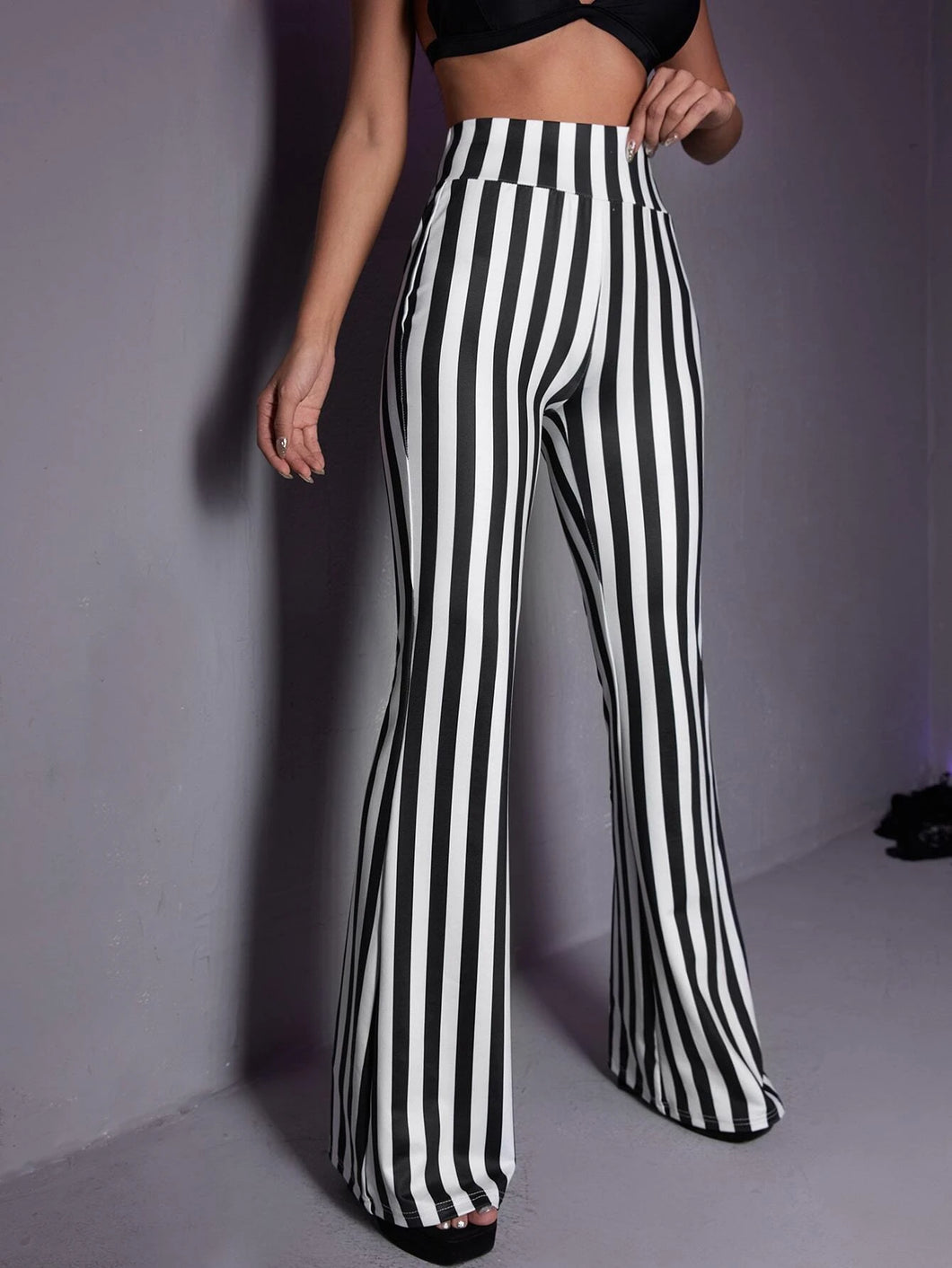 Black Striped Print Flare Leg Pants