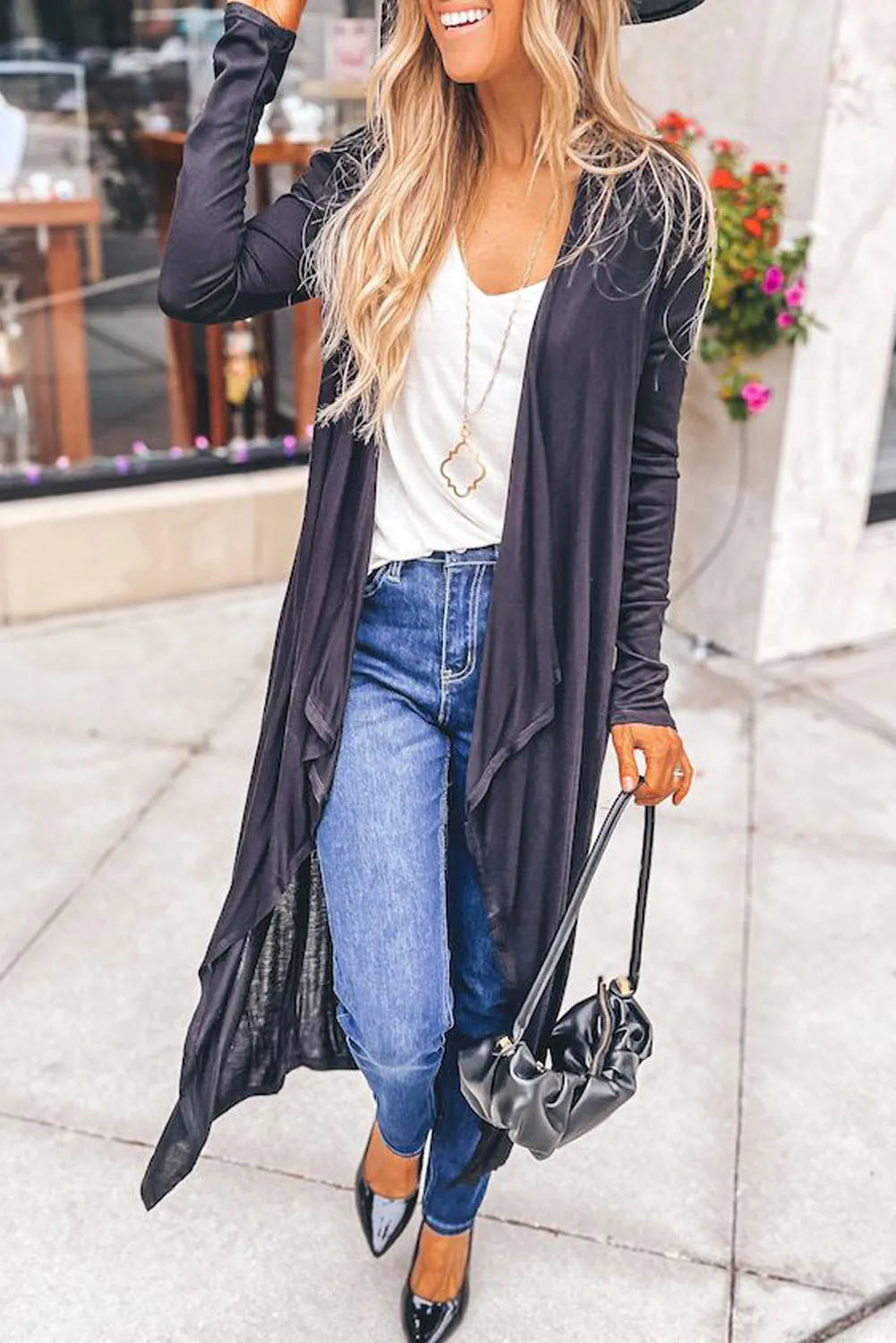 Black Draped Open Front Long Cardigan