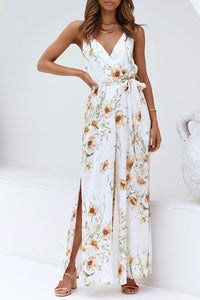 White Poppy Print Belted Cami Wide Leg Jumpsuit