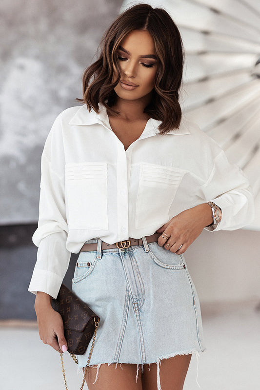 White Solid Pocket Long Sleeve Button-up Shirt