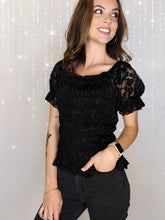 Load image into Gallery viewer, Black Floral Lace Crochet Ruffled Shirred Square Neck Top