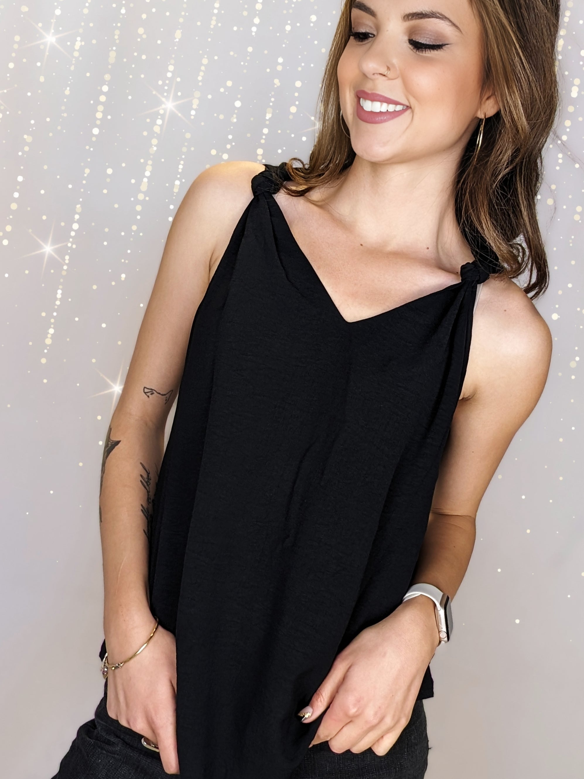 Black V Neck Knotted Shoulder Tank