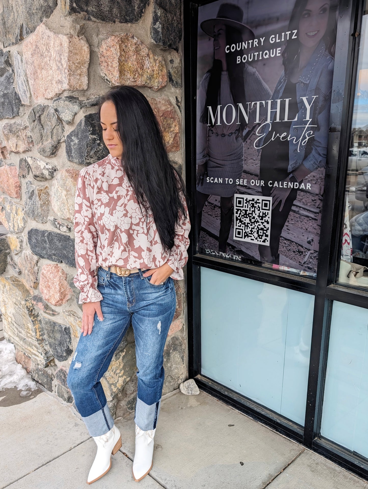 Nude Floral Print Mock Neck Blouse