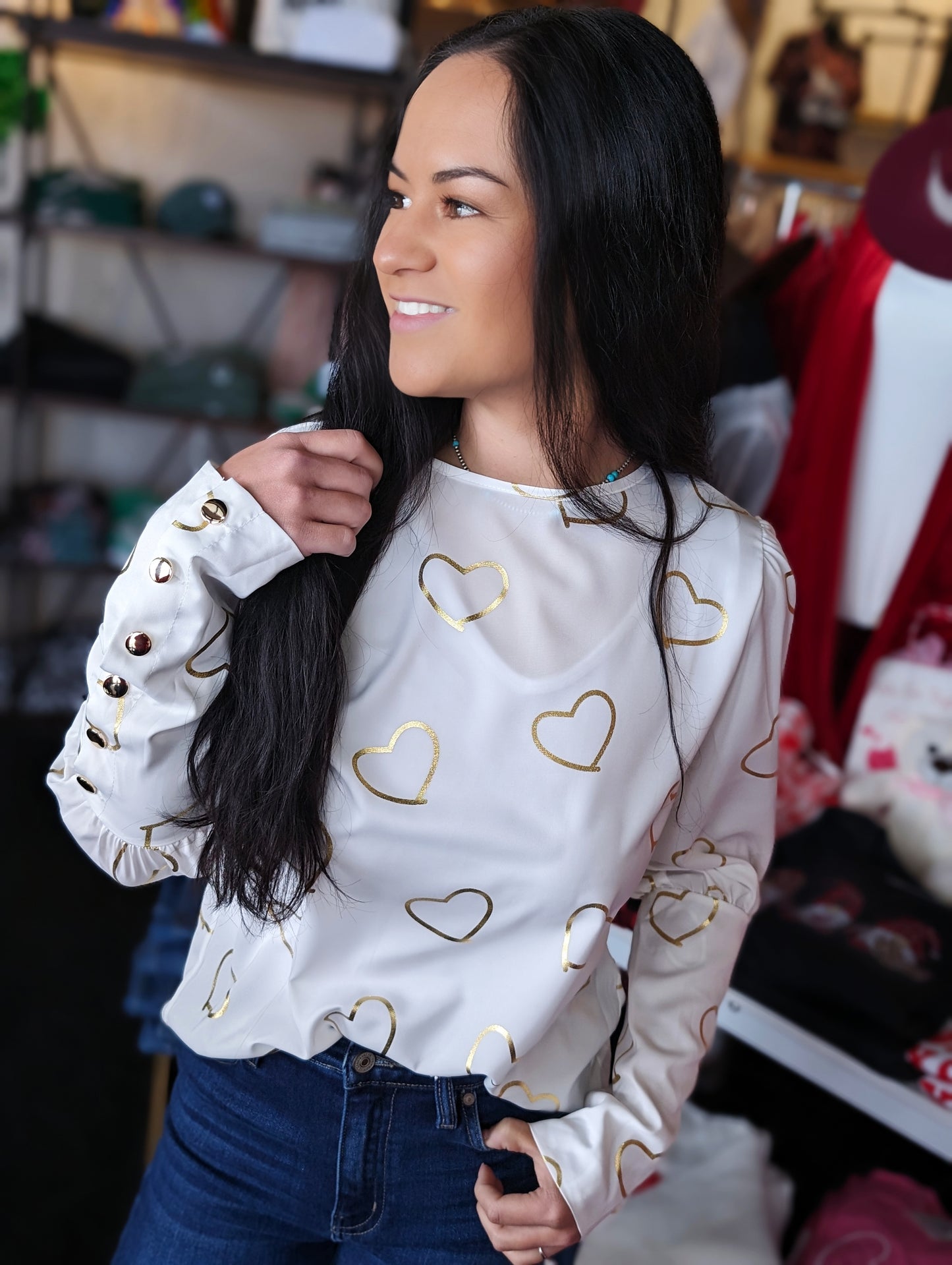 Gold Heart Long Button Sleeve Blouse