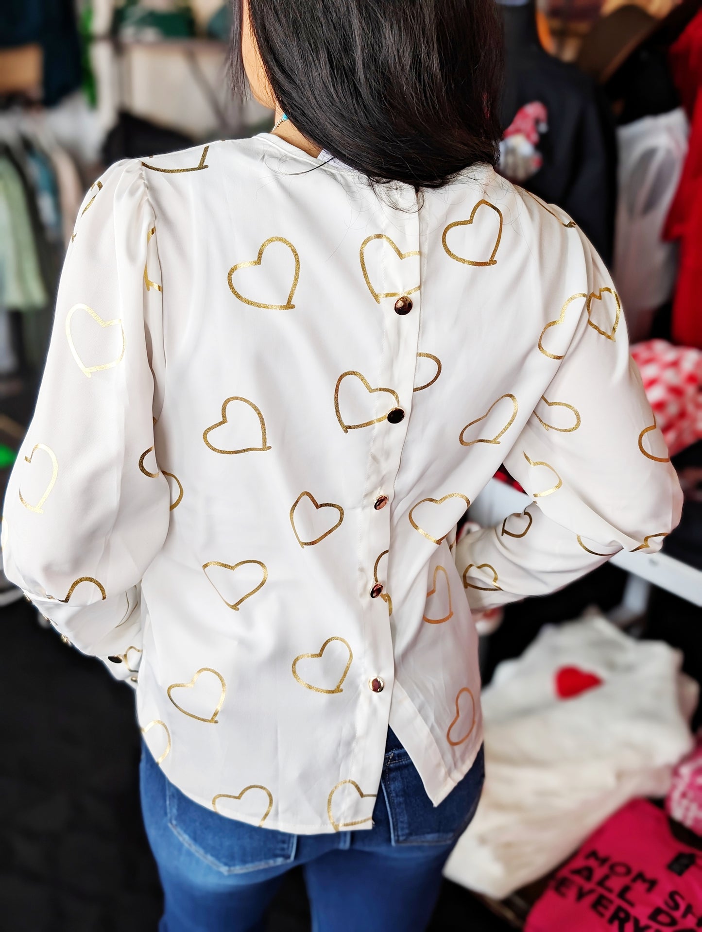 Gold Heart Long Button Sleeve Blouse