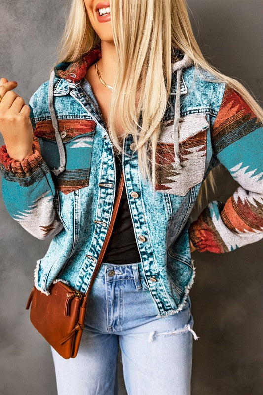 Geometric Print Frayed Hem Denim Jacket